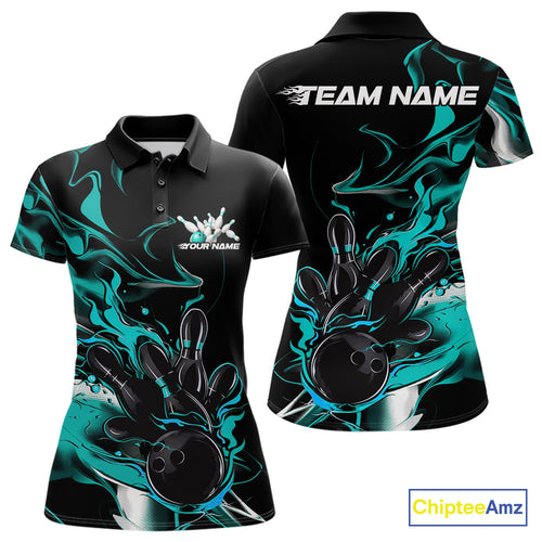 Custom Black And Turquoise Blue Camo Flame Bowling Team Women Polo Shirt, Bowling Jerseys IPHW9878