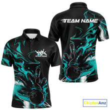 Load image into Gallery viewer, Custom Black And Turquoise Blue Camo Flame Bowling Team Men Polo Shirts, Bowling Jerseys IPHW9878