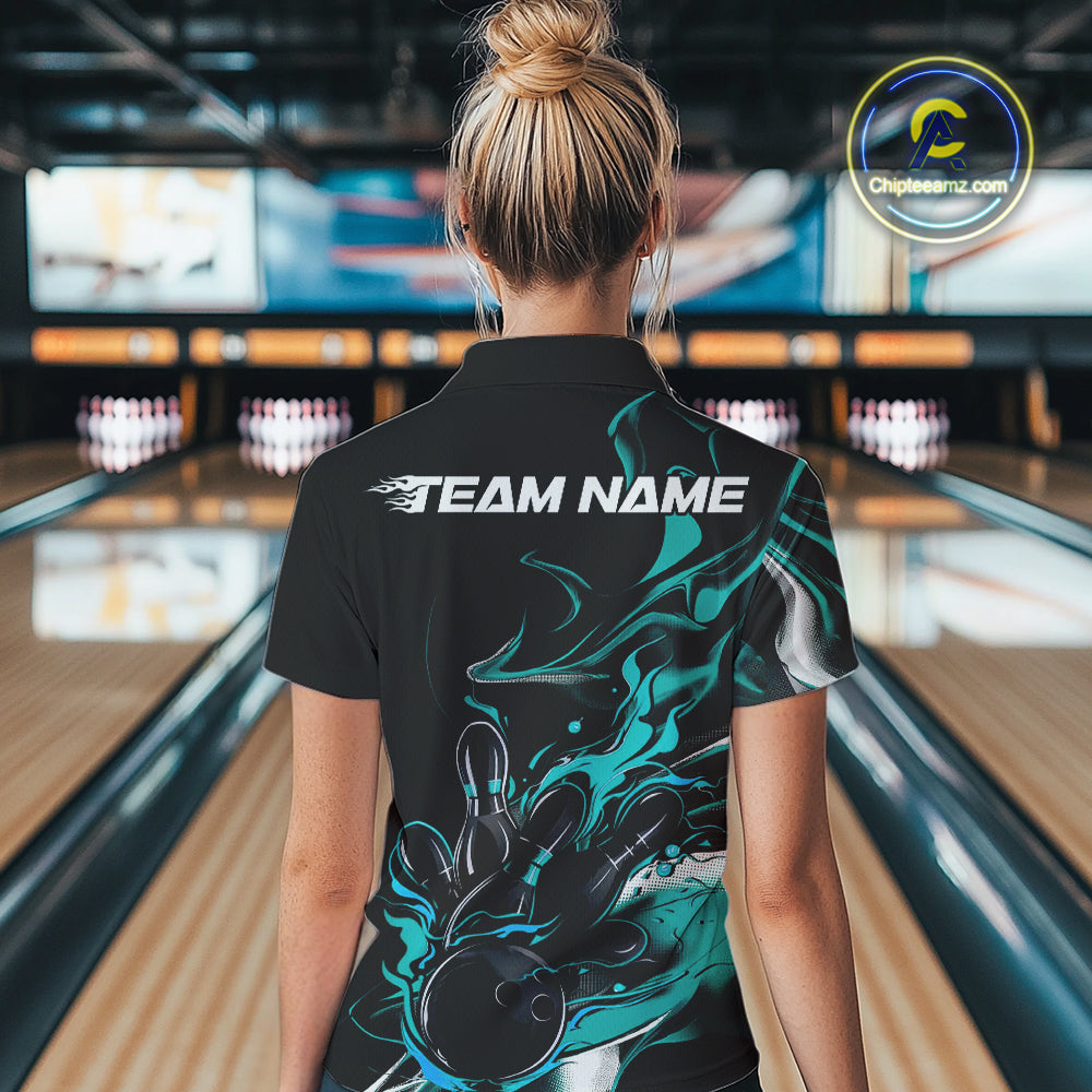 Custom Turquoise Blue Camo Flame Bowling Team Women Quarter-Zip Shirts, Bowling Jerseys IPHW9878