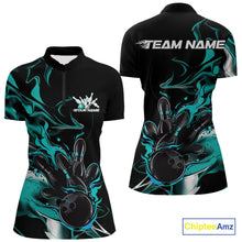 Load image into Gallery viewer, Custom Turquoise Blue Camo Flame Bowling Team Women Quarter-Zip Shirts, Bowling Jerseys IPHW9878