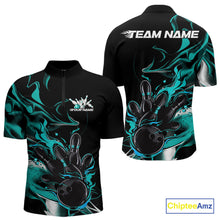 Load image into Gallery viewer, Custom Black And Turquoise Blue Camo Flame Bowling Team Men Quarter-Zip Shirts, Bowling Jerseys IPHW9878