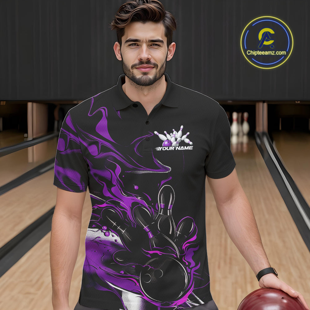 Custom Black And Purple Camo Flame Bowling Team Polo Shirts For Men, Bowling Jerseys IPHW9879