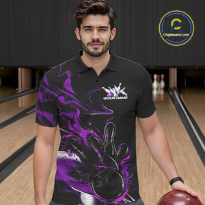 Custom Black And Purple Camo Flame Bowling Team Polo Shirts For Men, Bowling Jerseys IPHW9879