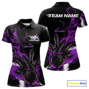 Custom Black And Purple Camo Flame Bowling Team Polo Shirts For Women, Bowling Jerseys IPHW9879