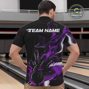 Custom Black And Purple Camo Flame Bowling Team Quarter-Zip Shirts For Men, Bowling Jerseys IPHW9879