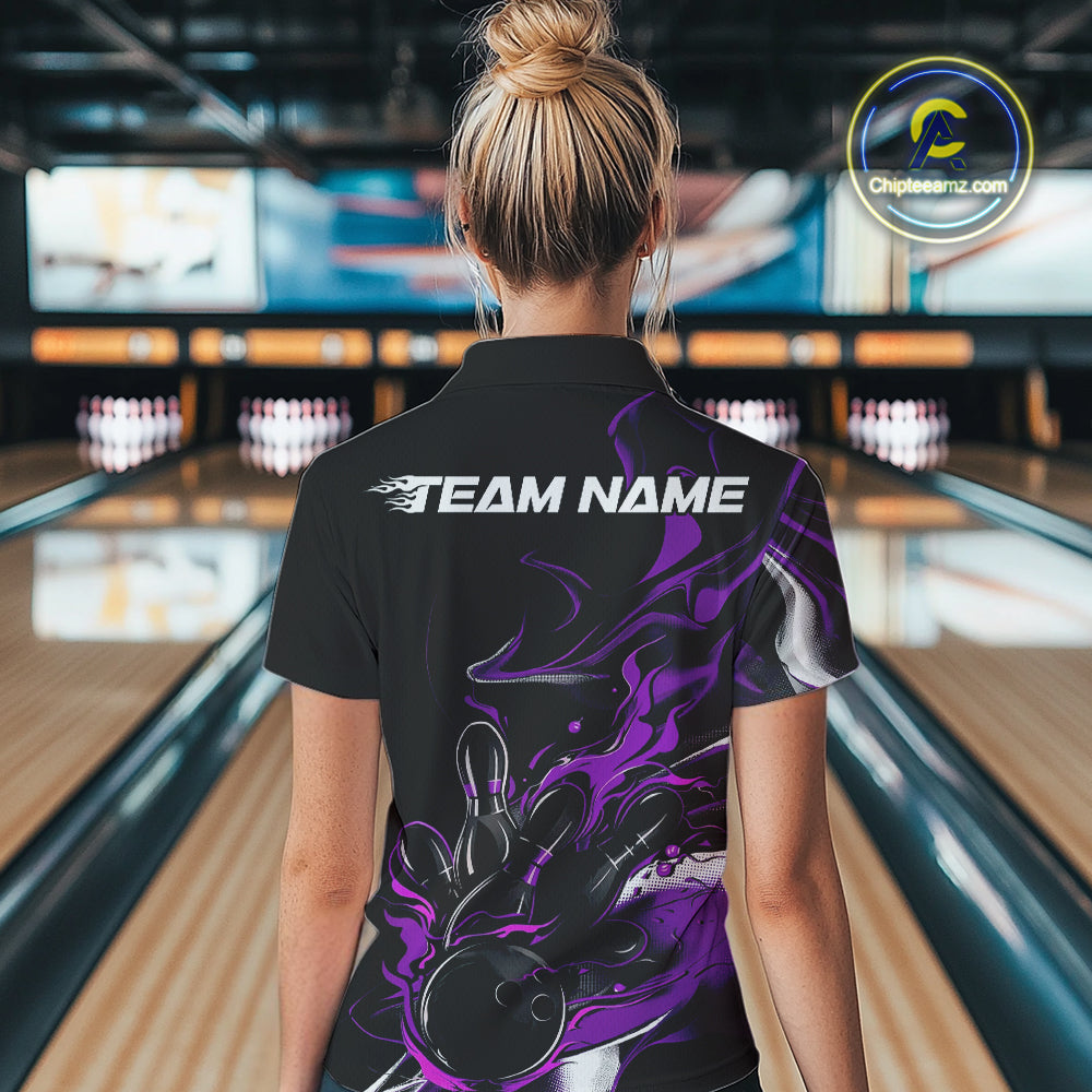 Custom Black And Purple Camo Flame Bowling Team Women Quarter-Zip Shirts, Bowling Jerseys IPHW9879
