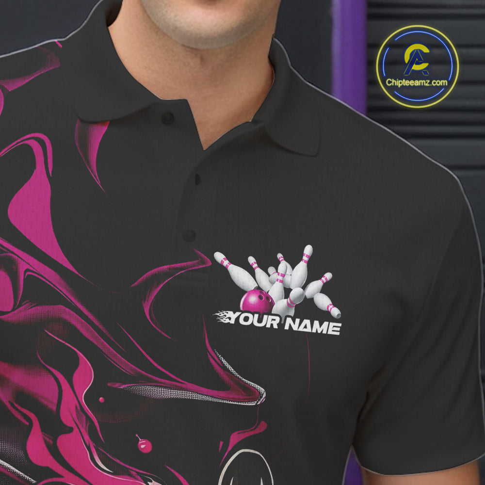 Custom Black And Pink Camo Flame Bowling Team Polo Shirts For Men, Bowling Jerseys IPHW9880