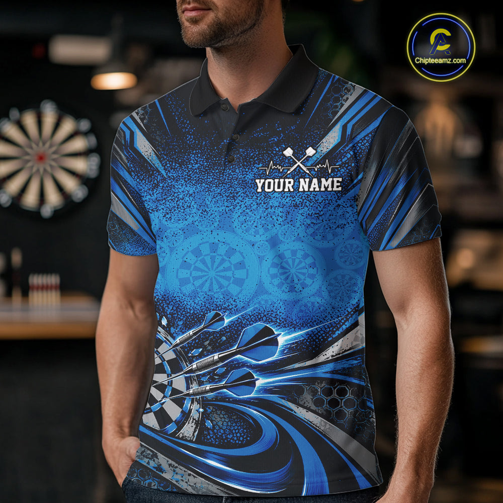 Custom Blue Grunge Dart Energy Men Polo, Matching Dart League Shirt Dart Jersey IPHW12682