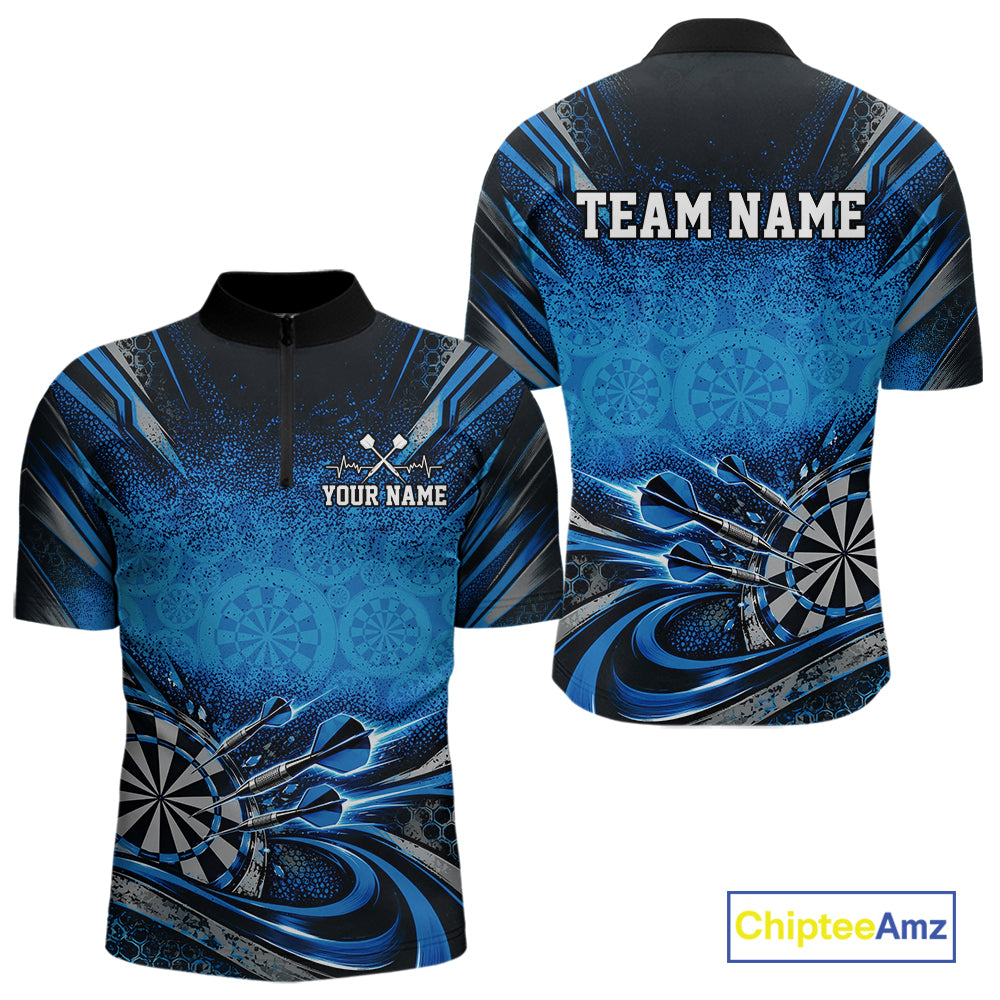 Custom Blue Grunge Dart Energy Men Quarter Zip, Matching Dart League Shirt Dart Jersey IPHW12682