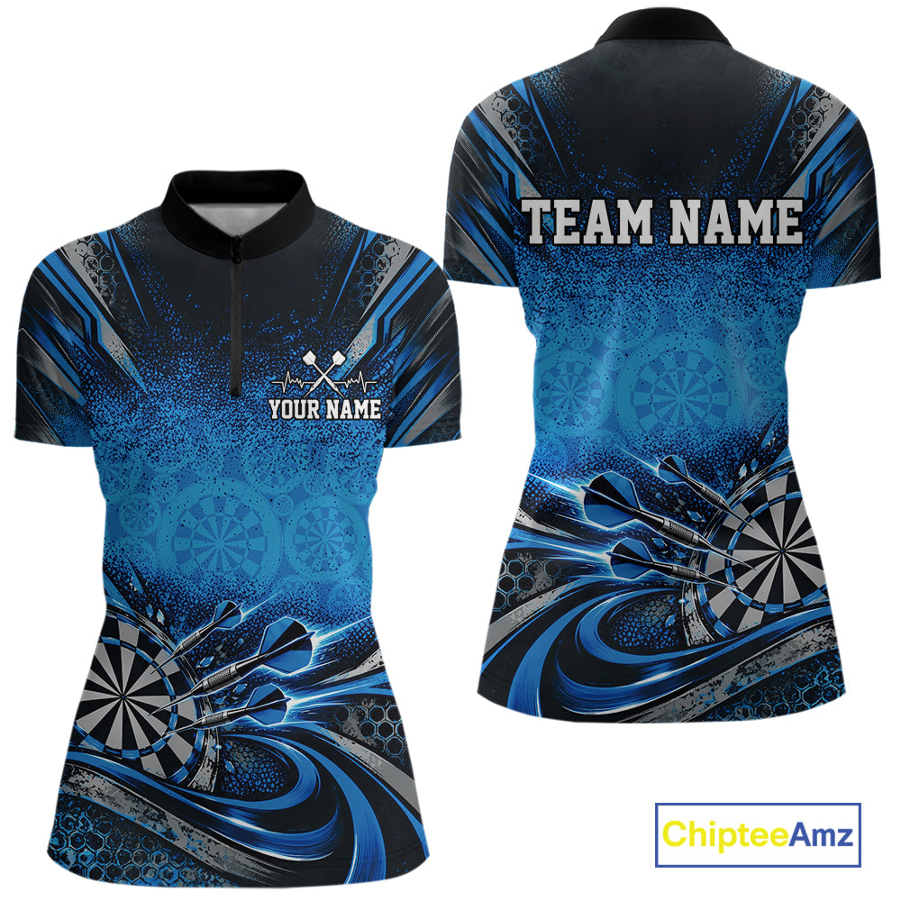 Custom Blue Grunge Dart Energy Women Quarter-Zip, Matching Dart League Shirt Dart Jersey IPHW12682