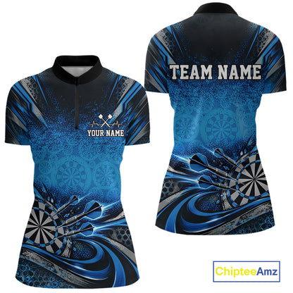 Custom Blue Grunge Dart Energy Women Quarter-Zip, Matching Dart League Shirt Dart Jersey IPHW12682