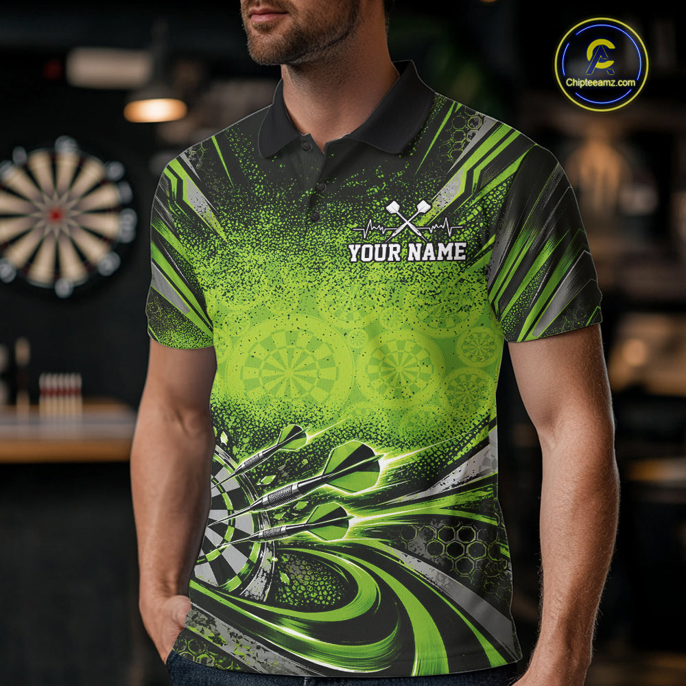 Custom Green Grunge Dart Energy Men Polo, Matching Dart League Shirt Dart Jersey IPHW12683