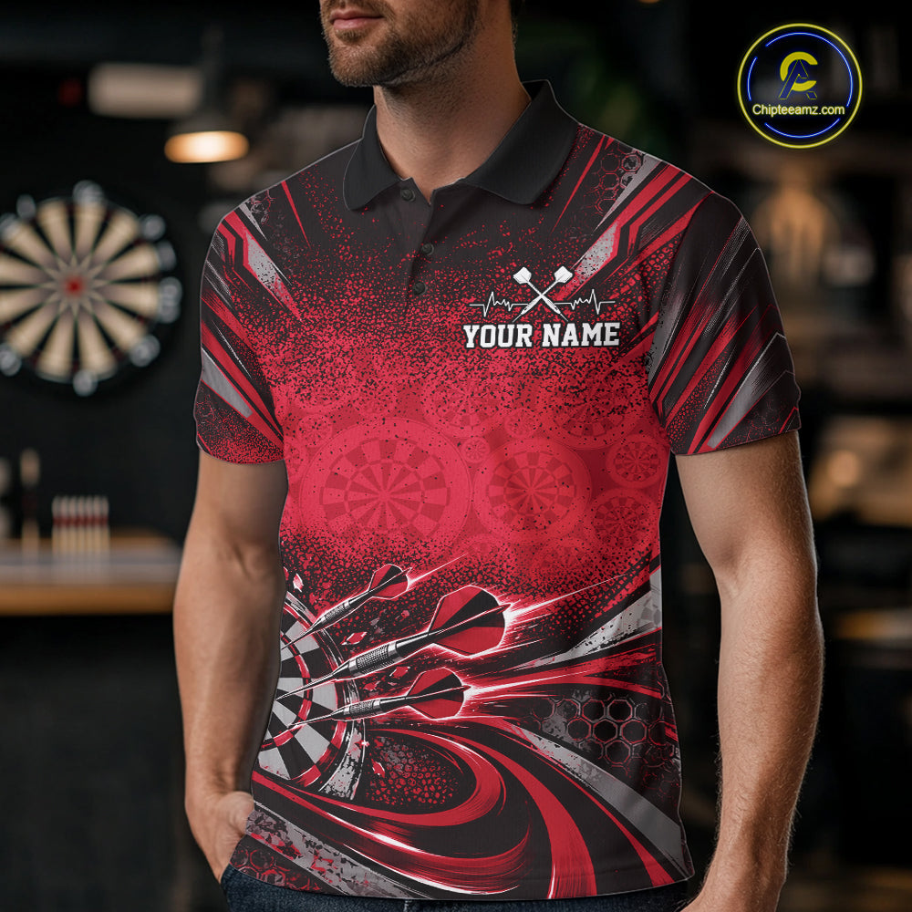 Custom Red Grunge Dart Energy Men Polo, Matching Dart League Shirt Dart Jersey IPHW12685