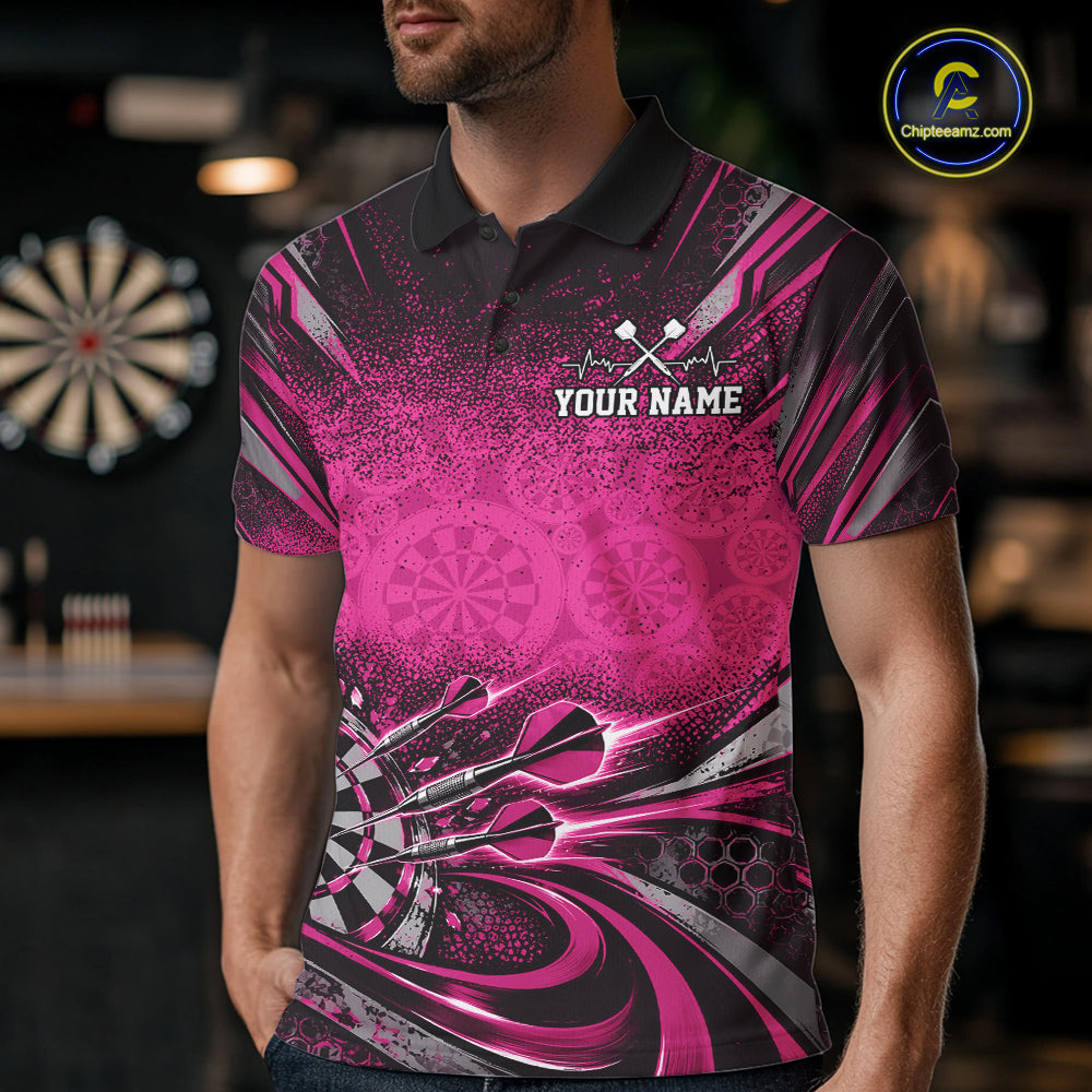 Custom Pink Grunge Dart Energy Men Polo, Matching Dart League Shirt Dart Jersey IPHW12686