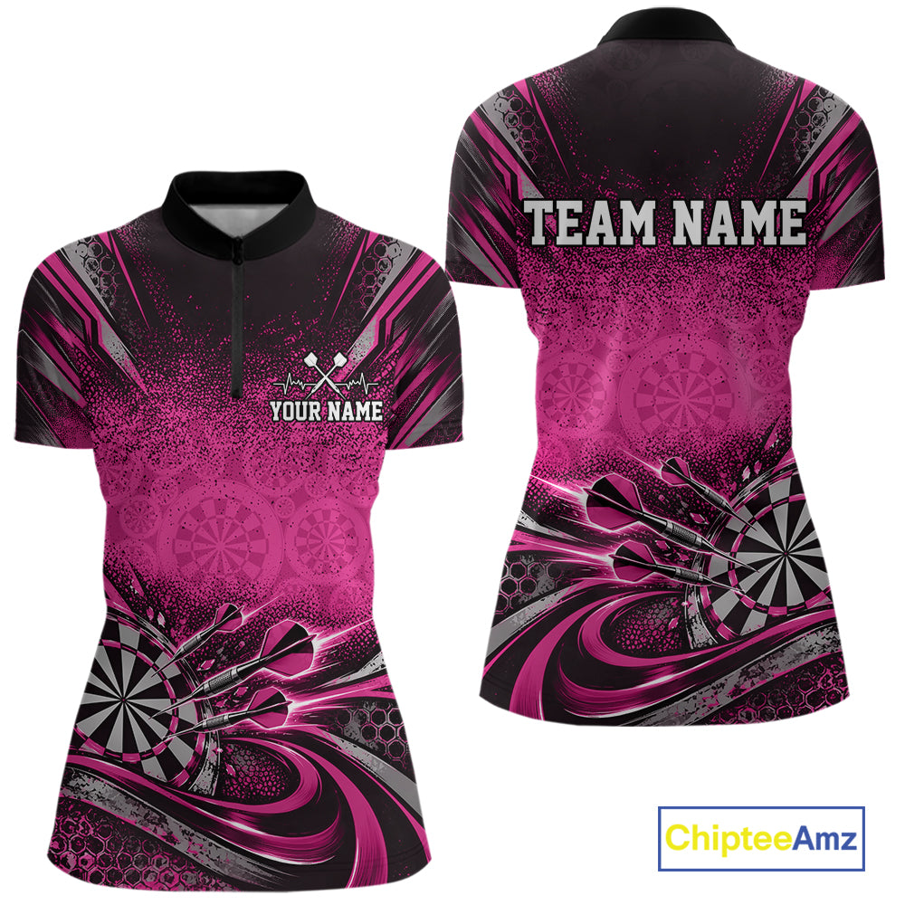 Custom Pink Grunge Dart Energy Women Quarter-Zip, Matching Dart League Shirt Dart Jersey IPHW12686