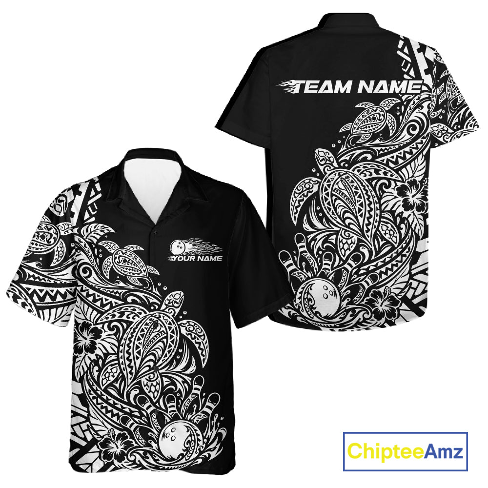 Custom Black And White Tribal Turtle Bowling Men And Women Button Up, Polynesian Bowling Outfit IPHW12704