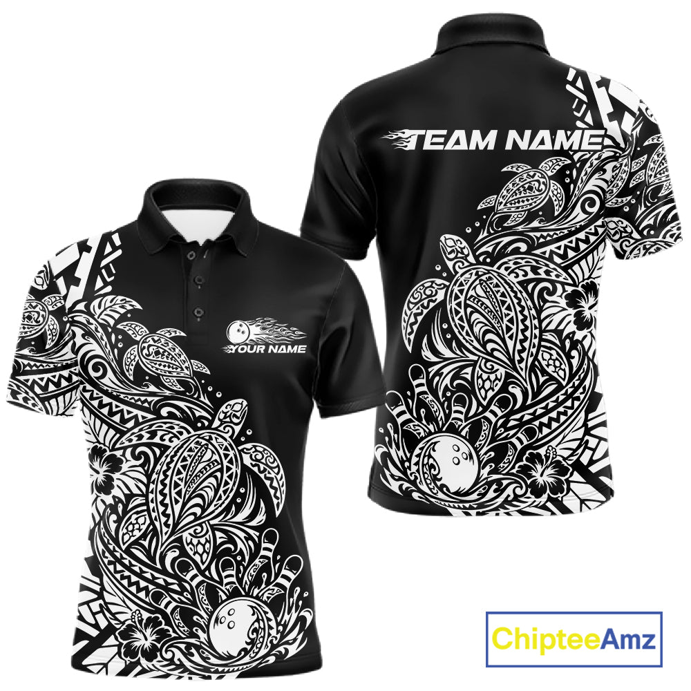 Custom Black And White Tribal Turtle Bowling Men Polo, Polynesian Bowling Outfit IPHW12704