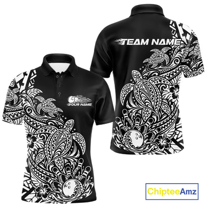 Custom Black And White Tribal Turtle Bowling Men Polo, Polynesian Bowling Outfit IPHW12704