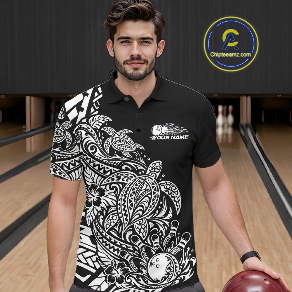 Custom Black And White Tribal Turtle Bowling Men Polo, Polynesian Bowling Outfit IPHW12704