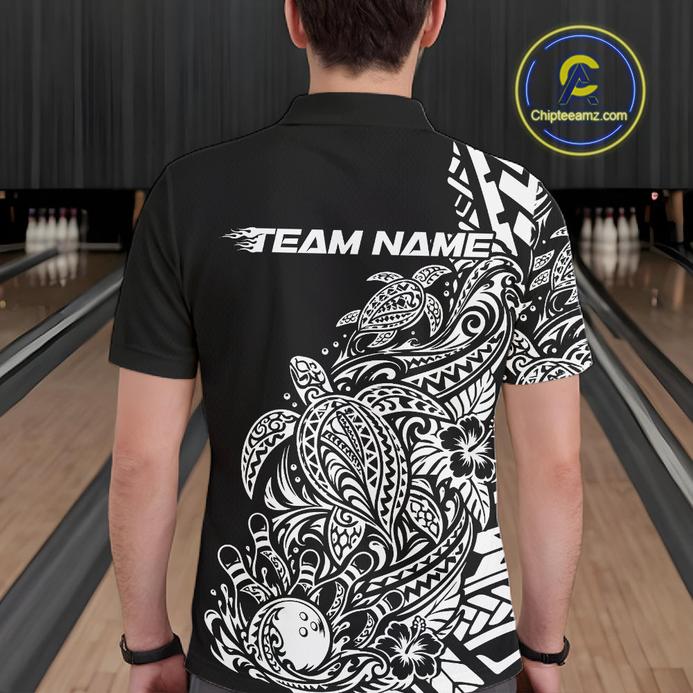 Custom Black And White Tribal Turtle Bowling Men Polo, Polynesian Bowling Outfit IPHW12704