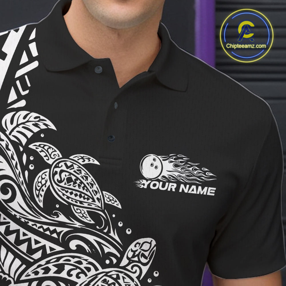 Custom Black And White Tribal Turtle Bowling Men Polo, Polynesian Bowling Outfit IPHW12704
