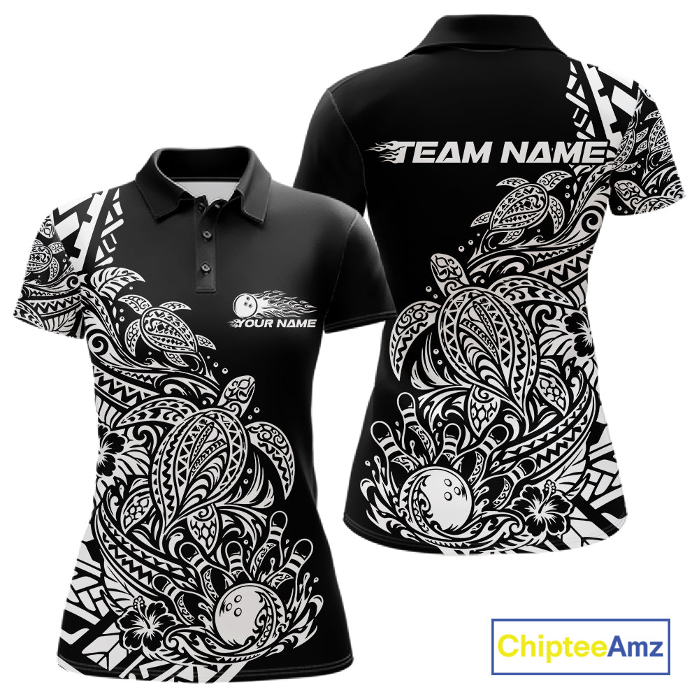 Custom Black And White Tribal Turtle Bowling Women Polo, Polynesian Bowling Outfit IPHW12704