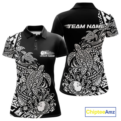 Custom Black And White Tribal Turtle Bowling Women Polo, Polynesian Bowling Outfit IPHW12704