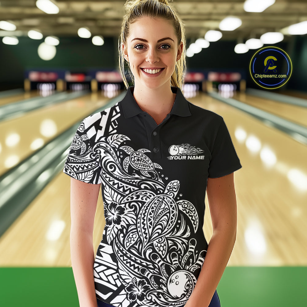 Custom Black And White Tribal Turtle Bowling Women Polo, Polynesian Bowling Outfit IPHW12704