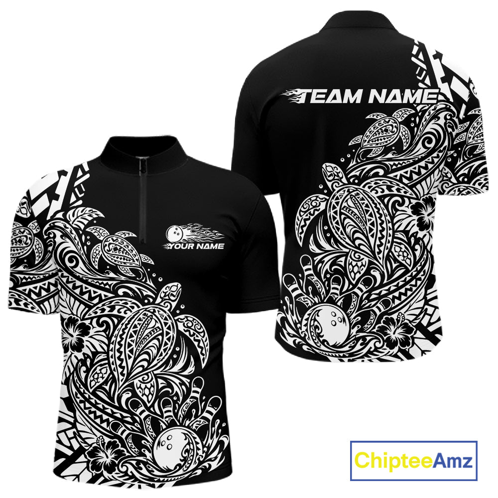 Custom Black And White Tribal Turtle Bowling Men Quarter Zip, Polynesian Bowling Outfit IPHW12704