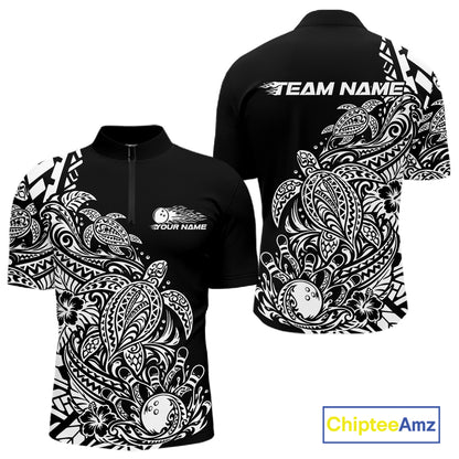 Custom Black And White Tribal Turtle Bowling Men Quarter Zip, Polynesian Bowling Outfit IPHW12704