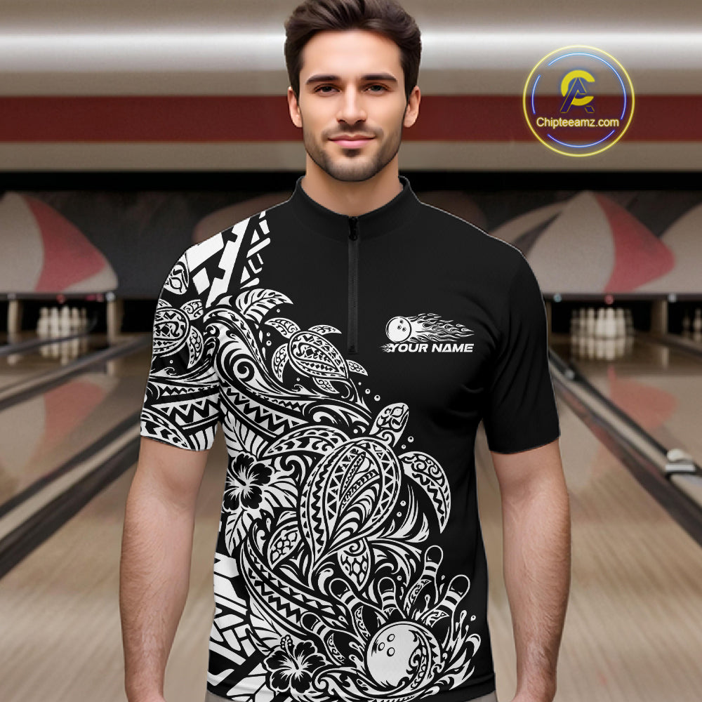 Custom Black And White Tribal Turtle Bowling Men Quarter Zip, Polynesian Bowling Outfit IPHW12704
