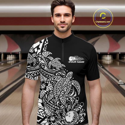 Custom Black And White Tribal Turtle Bowling Men Quarter Zip, Polynesian Bowling Outfit IPHW12704