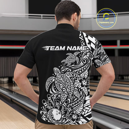 Custom Black And White Tribal Turtle Bowling Men Quarter Zip, Polynesian Bowling Outfit IPHW12704