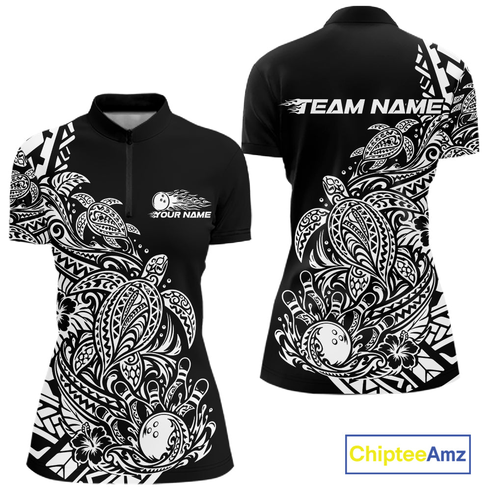Custom Black And White Tribal Turtle Bowling Women Quarter-Zip, Polynesian Bowling IPHW12704