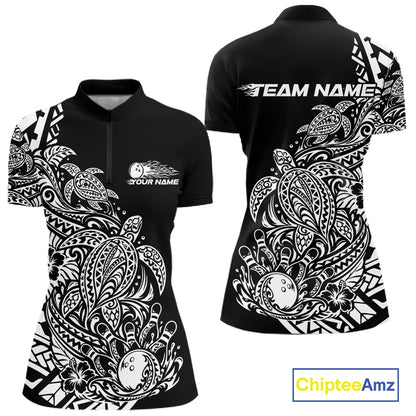 Custom Black And White Tribal Turtle Bowling Women Quarter-Zip, Polynesian Bowling IPHW12704