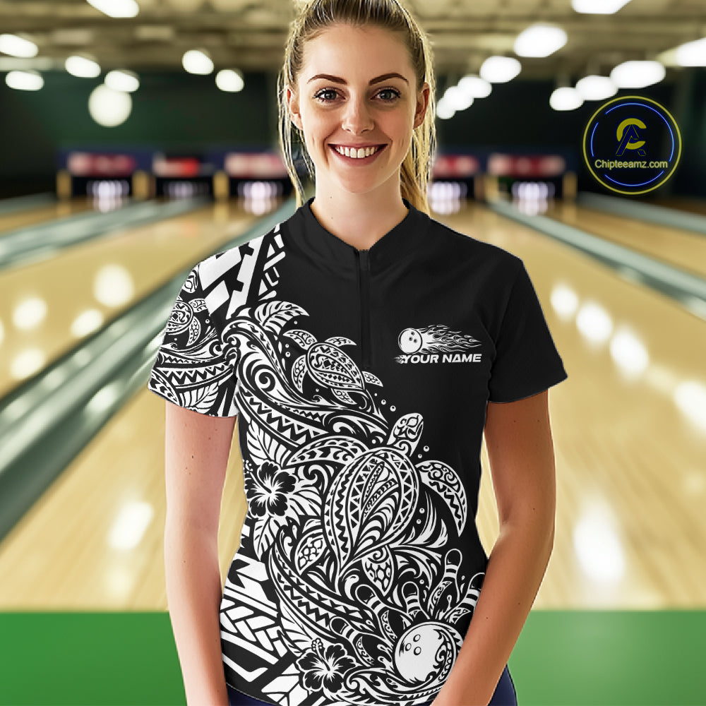 Custom Black And White Tribal Turtle Bowling Women Quarter-Zip, Polynesian Bowling IPHW12704