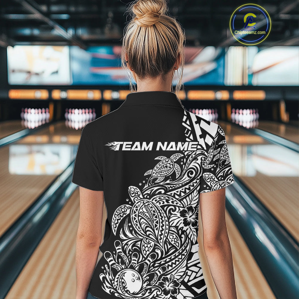 Custom Black And White Tribal Turtle Bowling Women Quarter-Zip, Polynesian Bowling IPHW12704