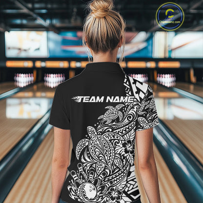Custom Black And White Tribal Turtle Bowling Women Quarter-Zip, Polynesian Bowling IPHW12704