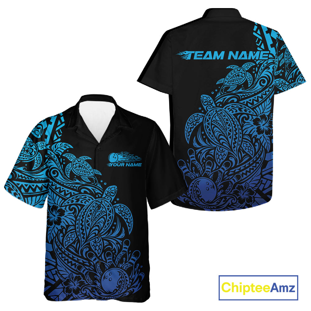 Custom Black And Blue Tribal Turtle Bowling Men And Women Button Up, Polynesian Bowling Outfit IPHW12705