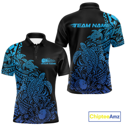 Custom Black And Blue Tribal Turtle Bowling Men Polo, Polynesian Bowling Outfit IPHW12705