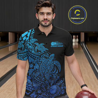 Custom Black And Blue Tribal Turtle Bowling Men Polo, Polynesian Bowling Outfit IPHW12705