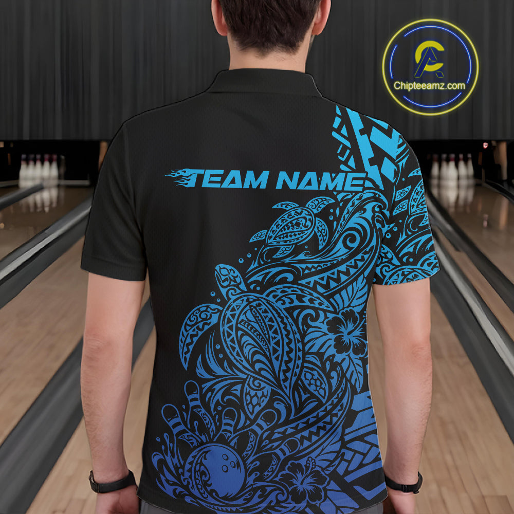 Custom Black And Blue Tribal Turtle Bowling Men Polo, Polynesian Bowling Outfit IPHW12705
