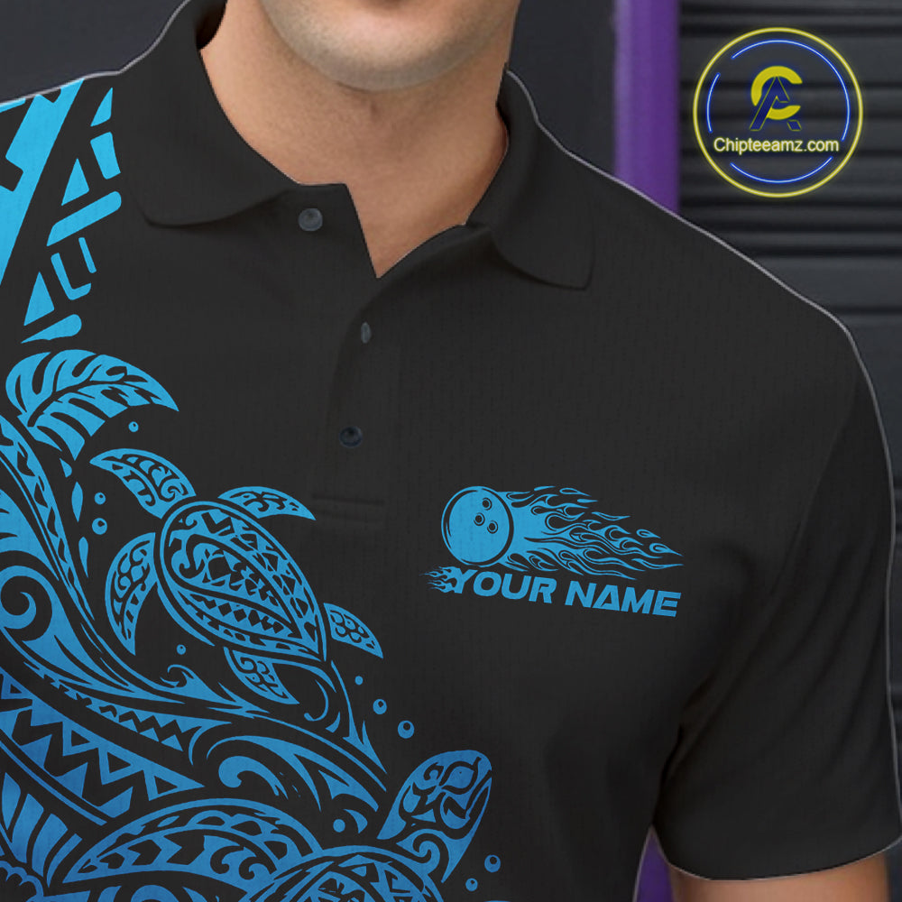 Custom Black And Blue Tribal Turtle Bowling Men Polo, Polynesian Bowling Outfit IPHW12705