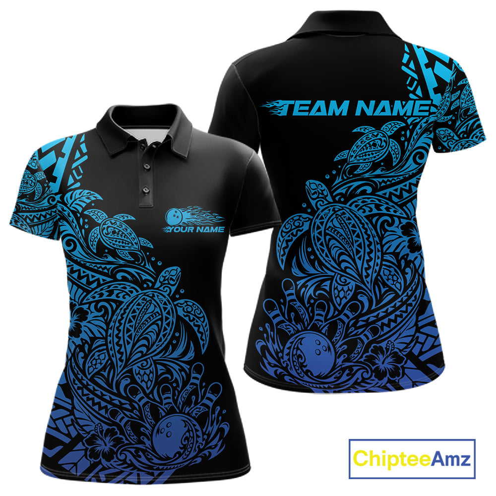 Custom Black And Blue Tribal Turtle Bowling Women Polo, Polynesian Bowling Outfit IPHW12705