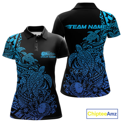 Custom Black And Blue Tribal Turtle Bowling Women Polo, Polynesian Bowling Outfit IPHW12705