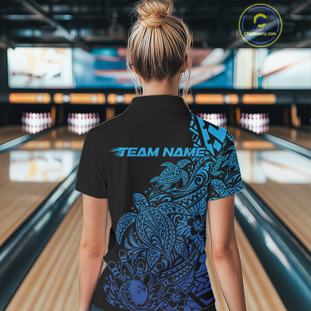 Custom Black And Blue Tribal Turtle Bowling Women Polo, Polynesian Bowling Outfit IPHW12705