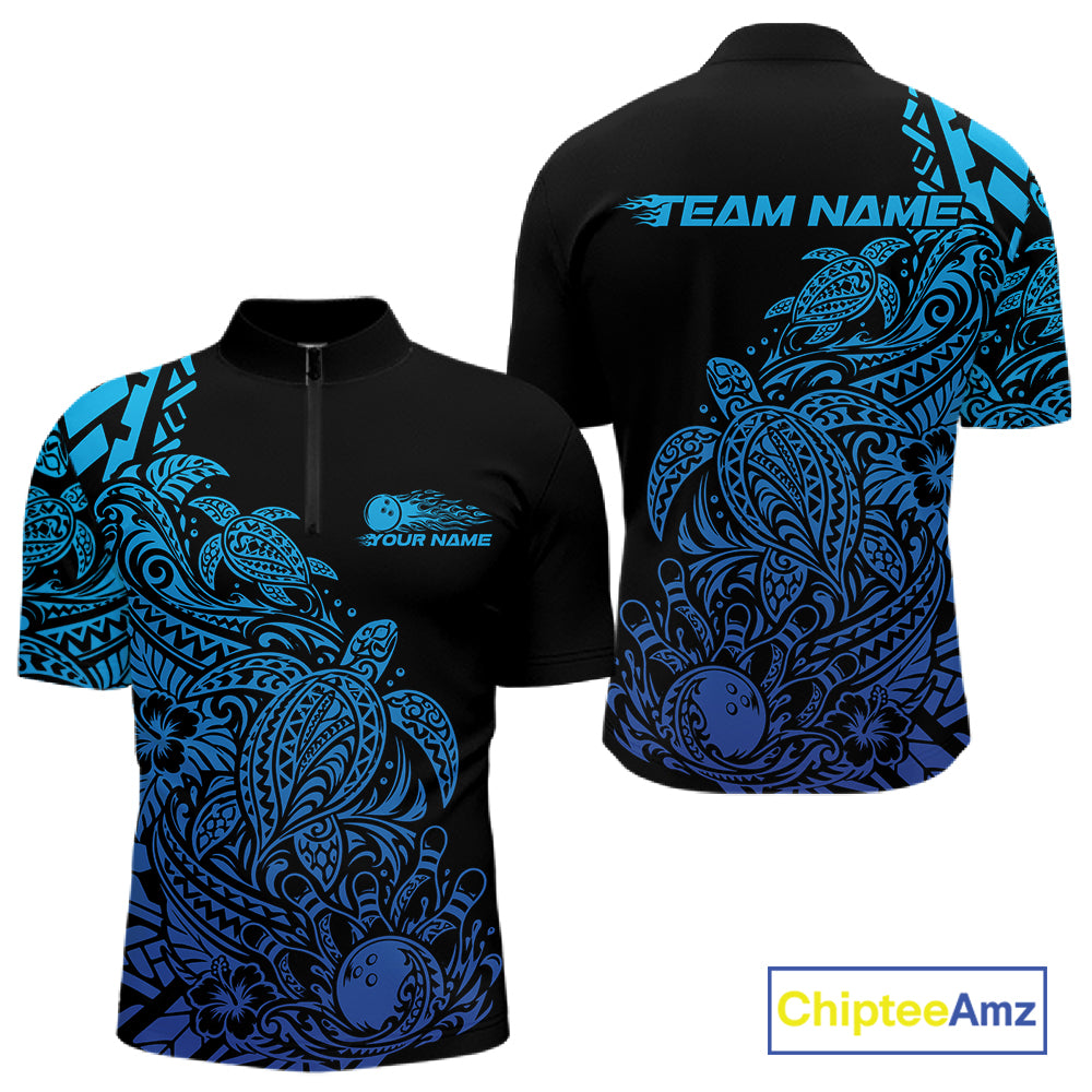 Custom Black And Blue Tribal Turtle Bowling Men Quarter Zip, Polynesian Bowling Outfit IPHW12705