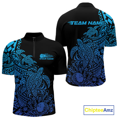 Custom Black And Blue Tribal Turtle Bowling Men Quarter Zip, Polynesian Bowling Outfit IPHW12705