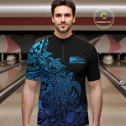 Custom Black And Blue Tribal Turtle Bowling Men Quarter Zip, Polynesian Bowling Outfit IPHW12705