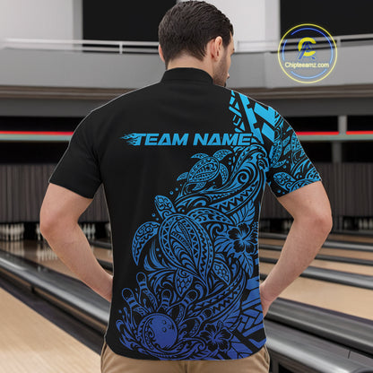 Custom Black And Blue Tribal Turtle Bowling Men Quarter Zip, Polynesian Bowling Outfit IPHW12705